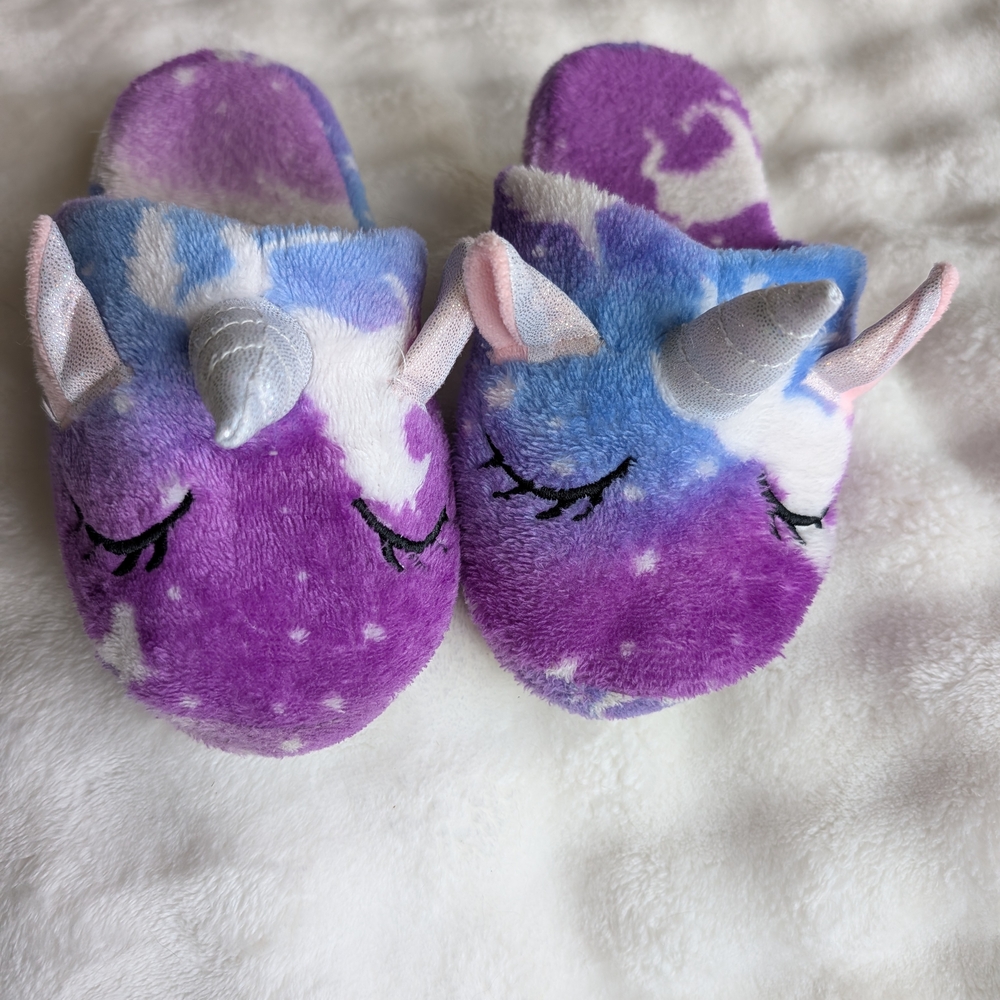 Kids Unicorn Plush Slippers Purple Blue Galaxy Tie Dye Hard Sole Size 1.5